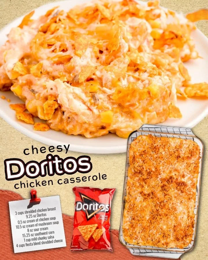 Delicious Doritos Chicken Casserole topped with crispy Doritos and melted cheese.