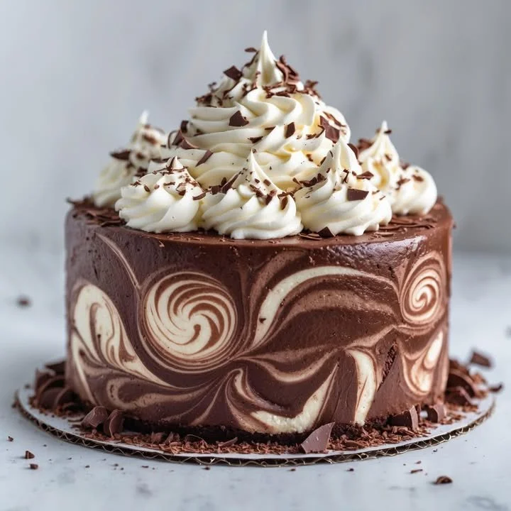 Delicious double chocolate cheesecake cake with creamy layers and chocolate garnish
