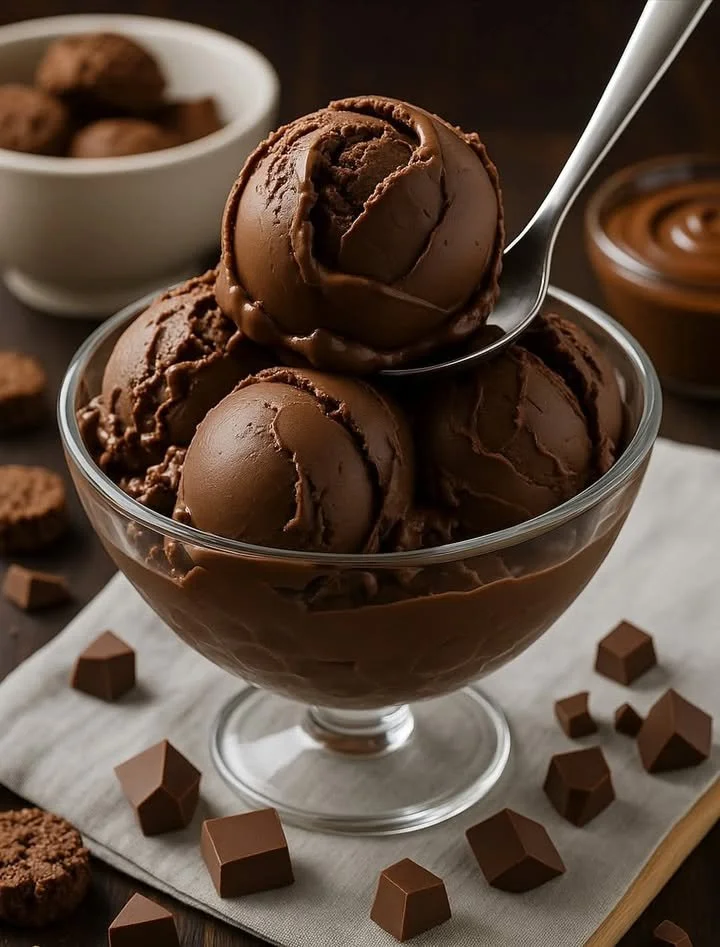 Delicious double chocolate ice cream in a bowl with chocolate shavings