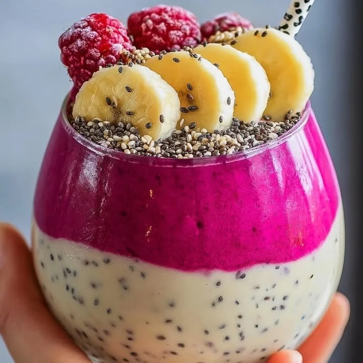 Colorful Dragon Fruit & Banana Chia Smoothie Parfait in a glass bowl