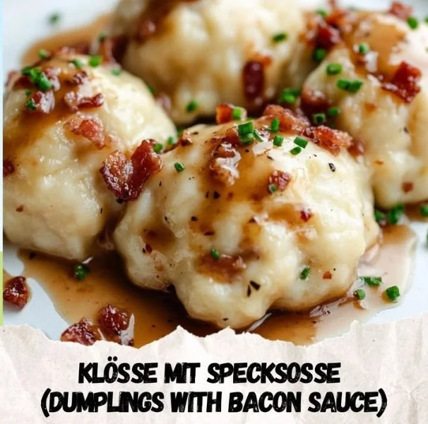 Dumplings served with savory bacon sauce in a rustic bowl.