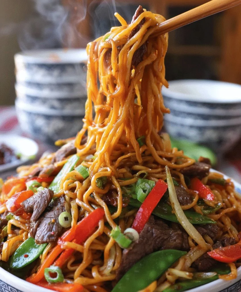 Plate of easy beef lo mein with vegetables and soy sauce