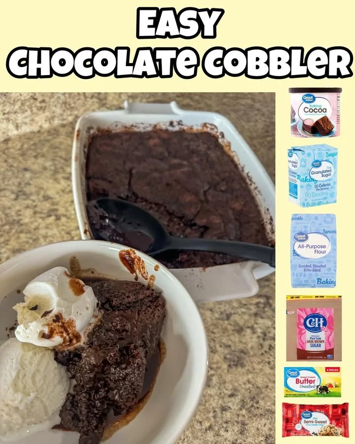 Delicious slice of easy chocolate cobbler dessert topped with ice cream