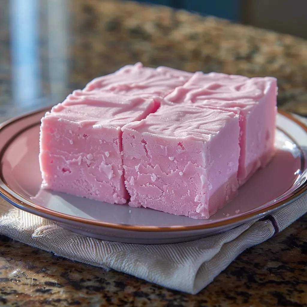 A colorful plate of easy cotton candy fudge cut into squares.