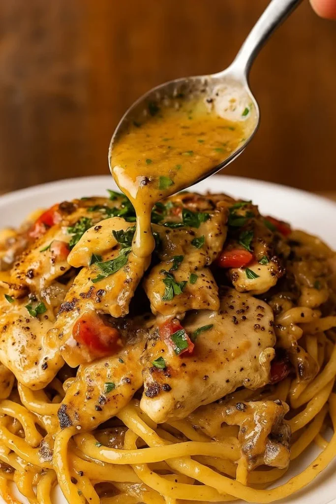 Plate of Cowboy Butter Chicken Linguine with roasted red peppers