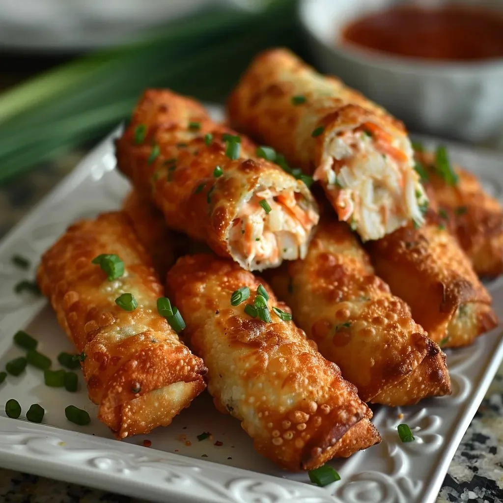 Easy crab cake egg rolls served with dipping sauce.