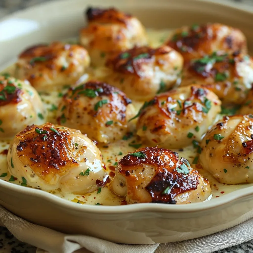 Plate of easy creamy garlic chicken bites garnished with herbs
