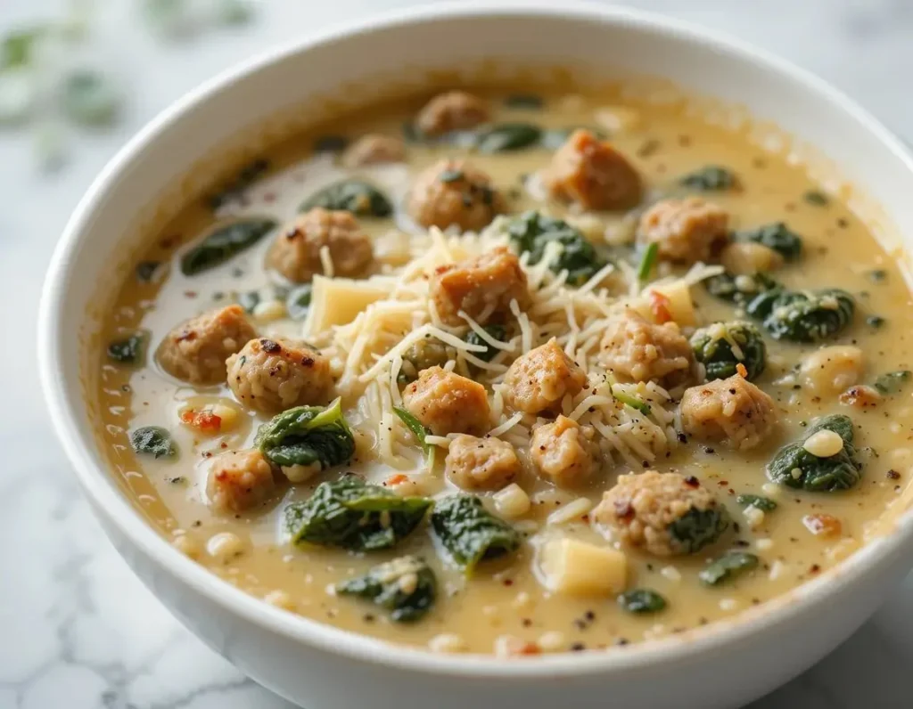 Bowl of creamy Parmesan sausage soup garnished with herbs.