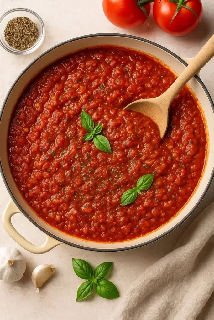Bowl of easy homemade spaghetti sauce with fresh herbs and tomatoes