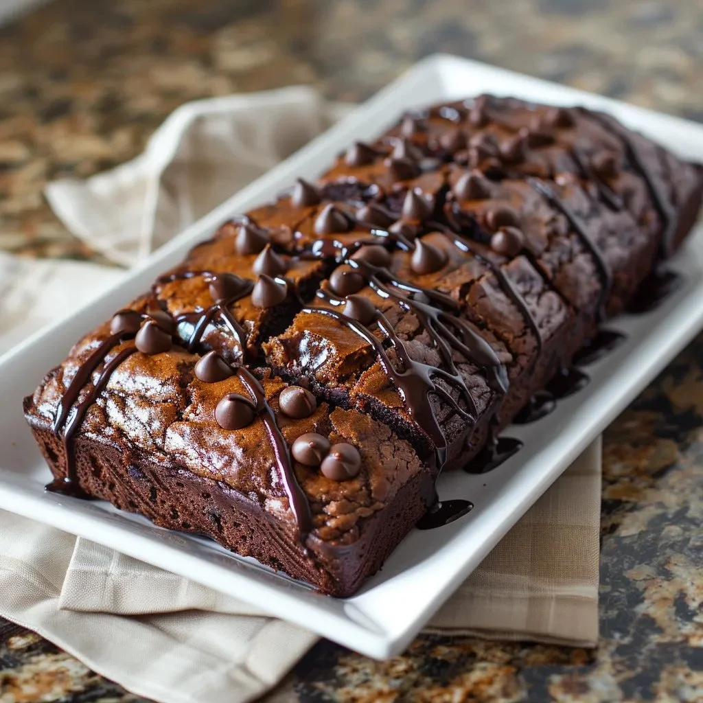 Delicious hot fudge brownie bread with a gooey center and chocolate drizzle