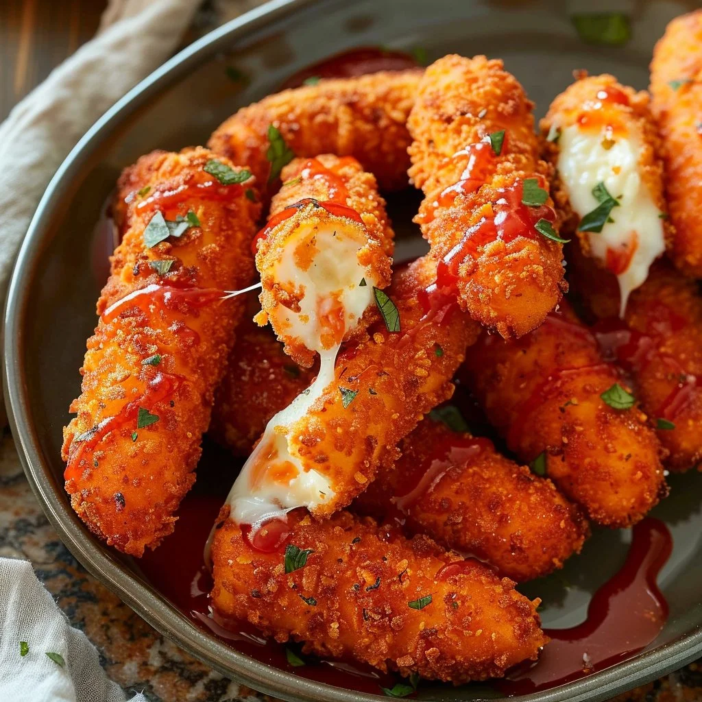 Delicious red cheeto mozzarella sticks served as a crunchy snack.