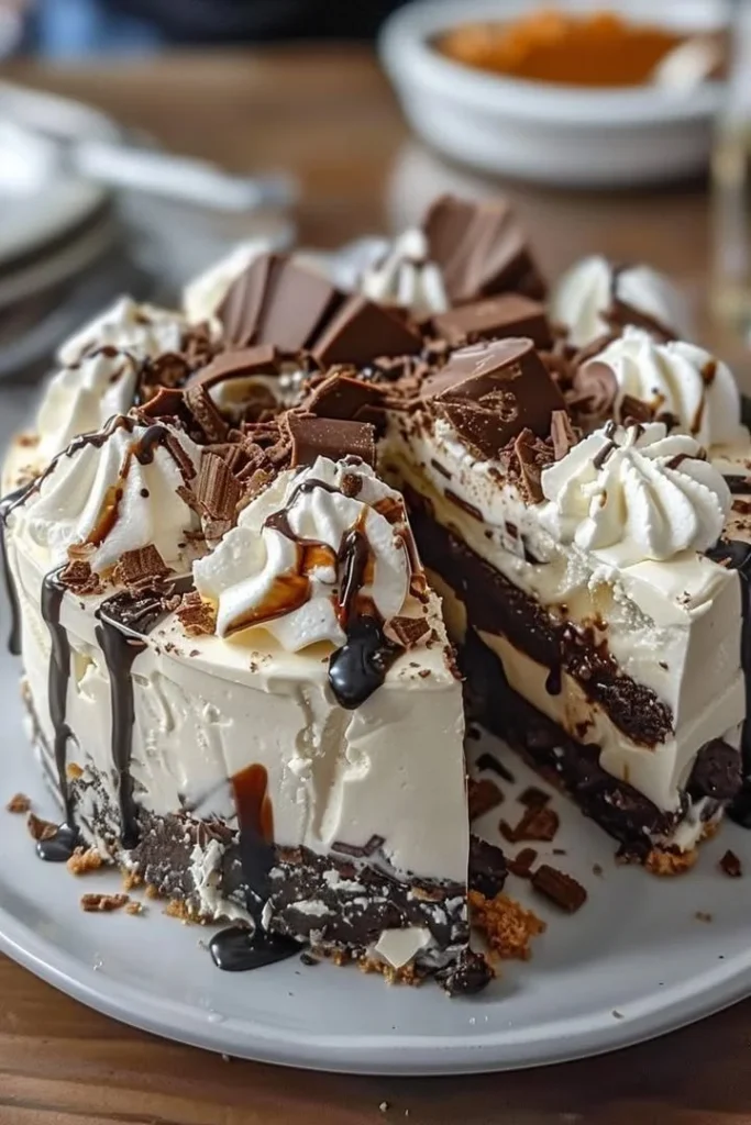 Easy no-bake chocolate and cream layered dessert served in a glass dish.