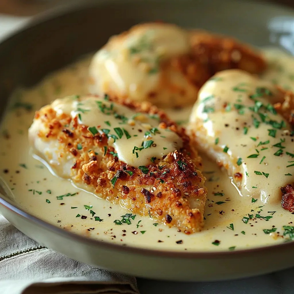 Delicious Parmesan crusted chicken with creamy garlic sauce on a plate
