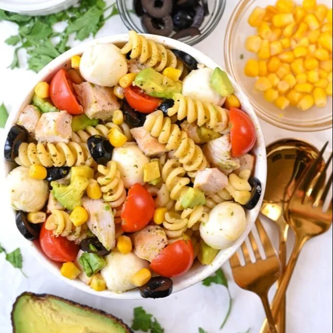 Delicious easy pasta salad with chicken served in a bowl