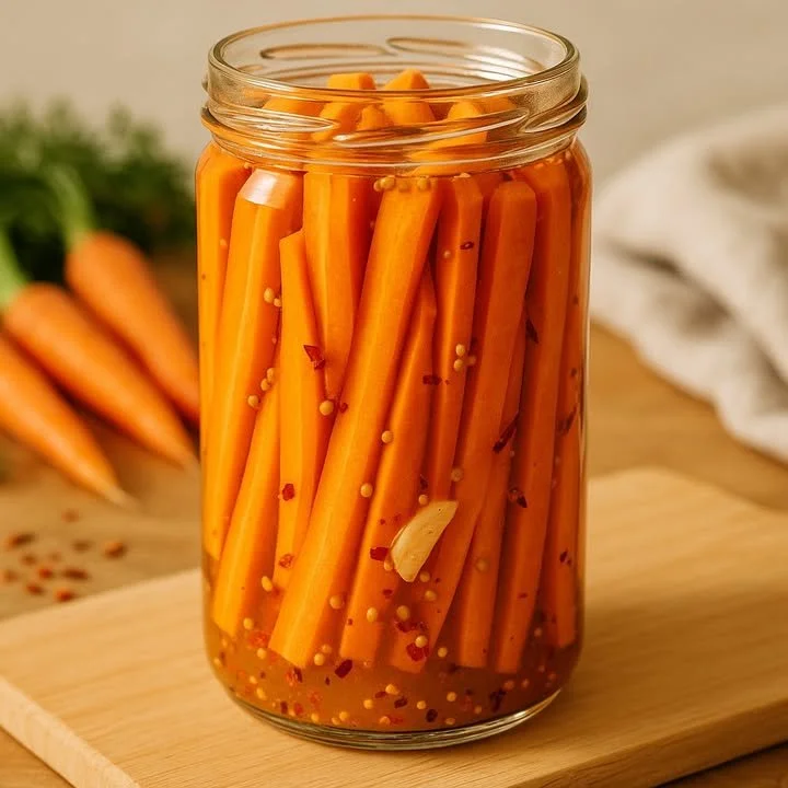 Easy pickled spicy carrot sticks in a jar with spices