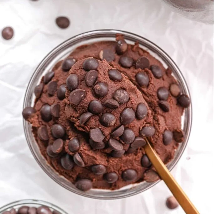 Easy protein edible brownie batter ready to enjoy as a healthy snack.