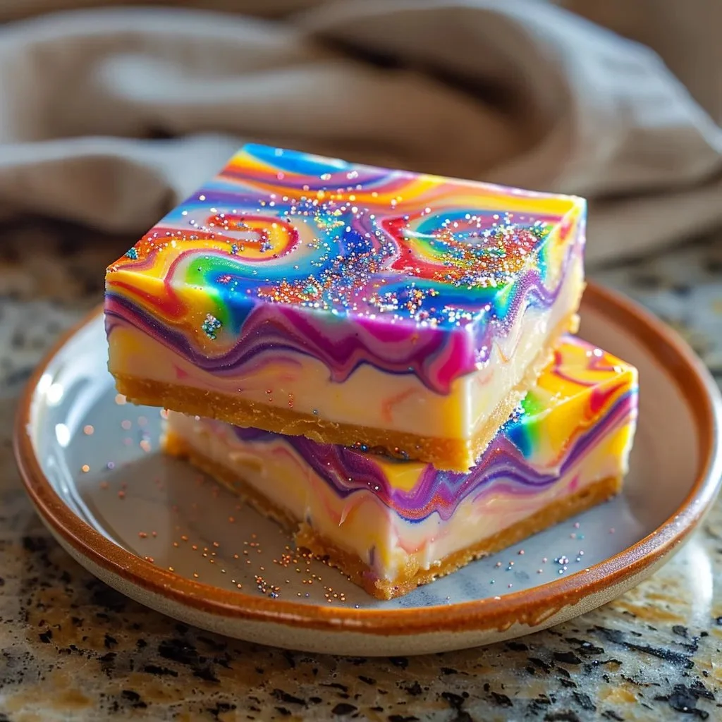 Delicious rainbow cheesecake swirl bars with colorful layers