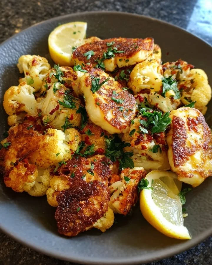 Plate of easy roasted cauliflower with honey and halloumi garnished with herbs