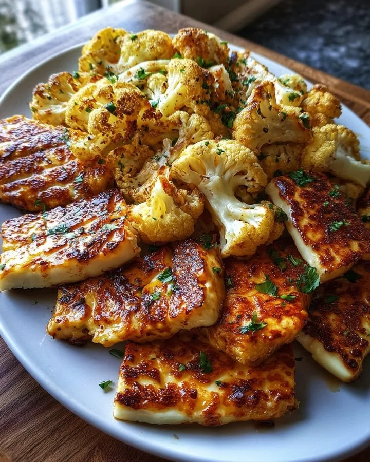 Easy roasted cauliflower with honey and halloumi served in a bowl