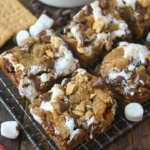 Delicious and easy s'mores cookie bars topped with chocolate and marshmallows