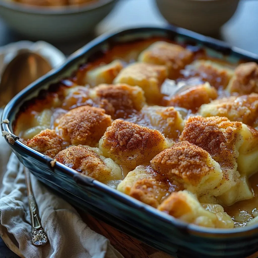 Delicious easy snickerdoodle cobbler served in a warm dish