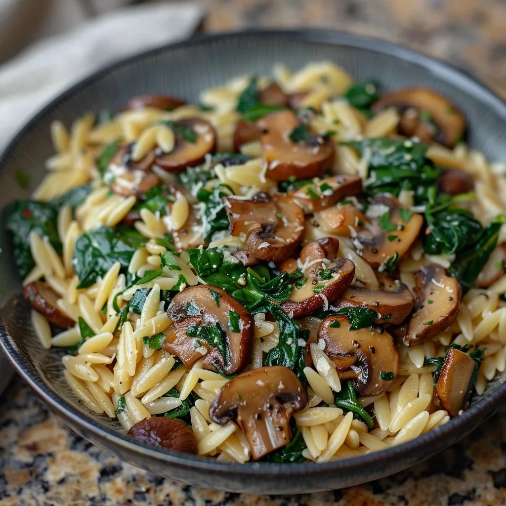 Delicious spinach mushroom orzo served in a bowl with fresh herbs