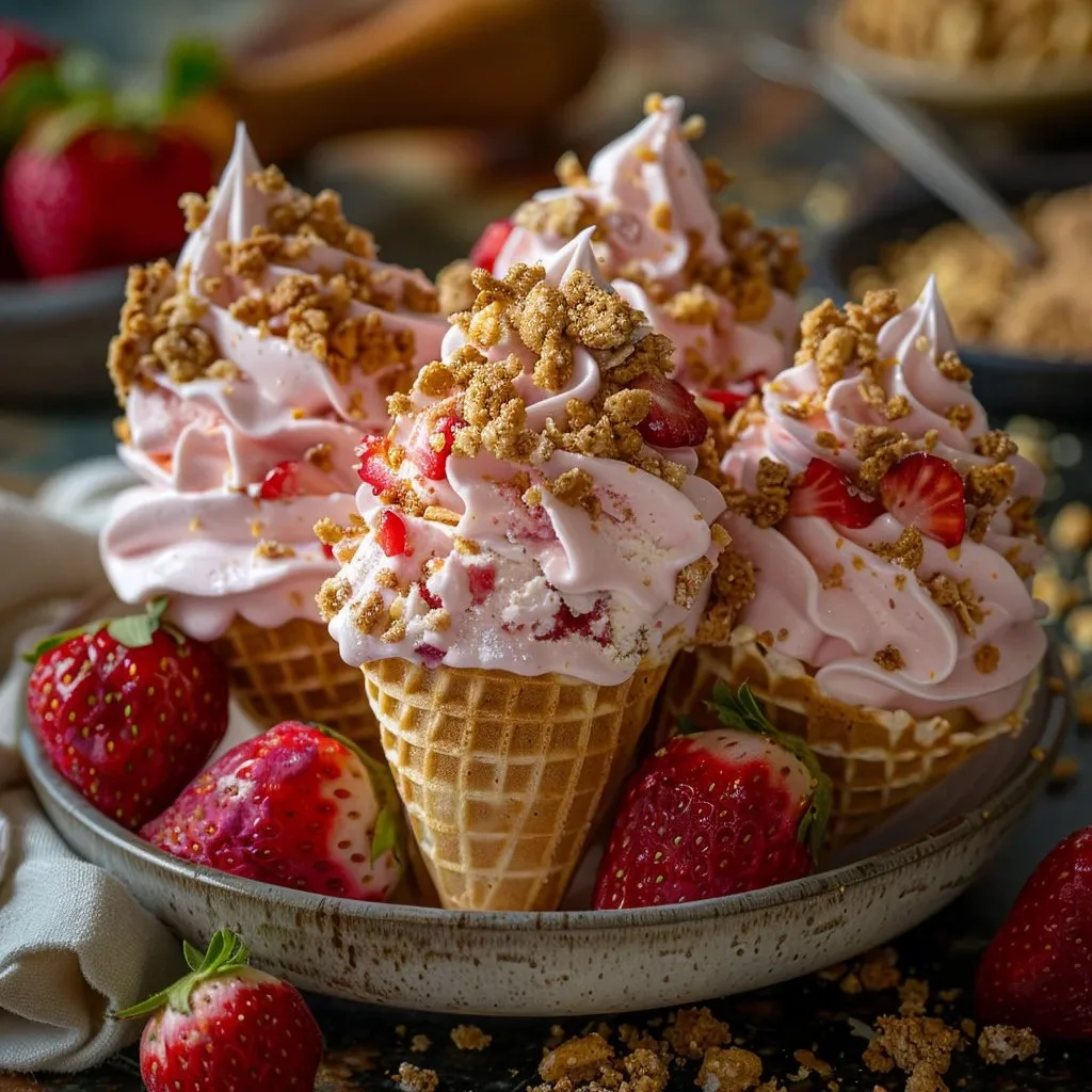 Easy strawberry crunch cheesecake cones topped with fresh strawberries