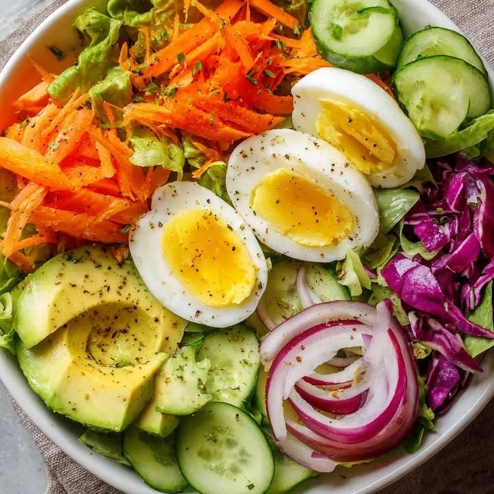 Healthy Egg Avocado Salad Bowl with fresh ingredients and vibrant colors.