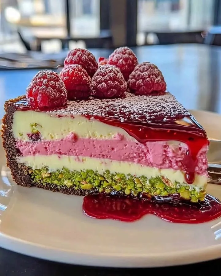 Elegant pistachio raspberry crunch cheesecake with vibrant raspberry topping