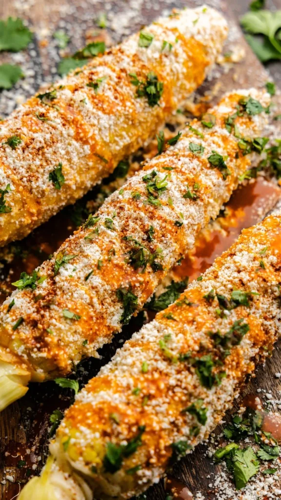 Elote mexicano servido en un carrito de la calle con limón y queso.