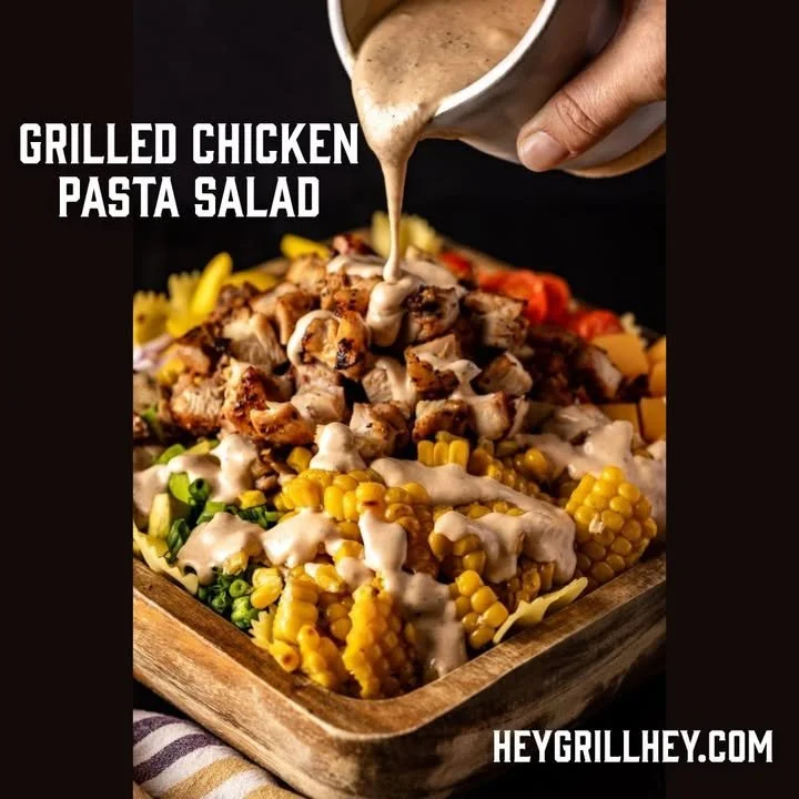 Ensalada de pasta con pollo a la parrilla, verduras frescas y aderezo.