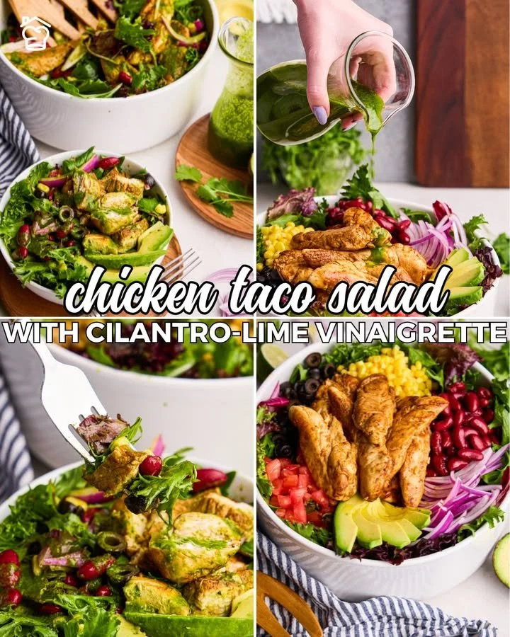 Ensalada de taco de pollo con vinagreta de cilantro y lima, fresca y deliciosa