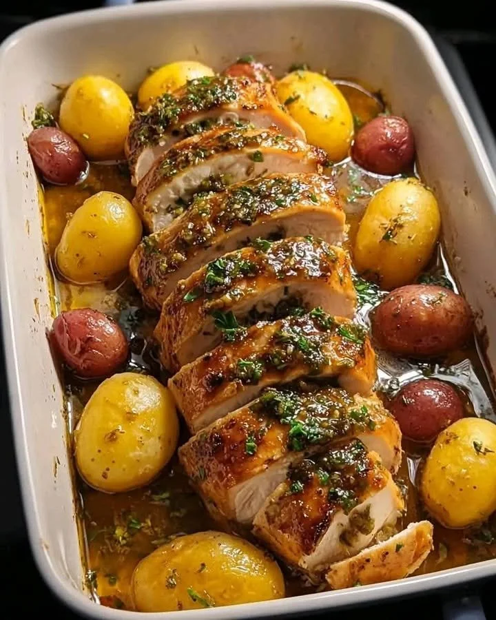 Epic garlic herb roasted chicken served with baby potatoes, delicious dinner recipe
