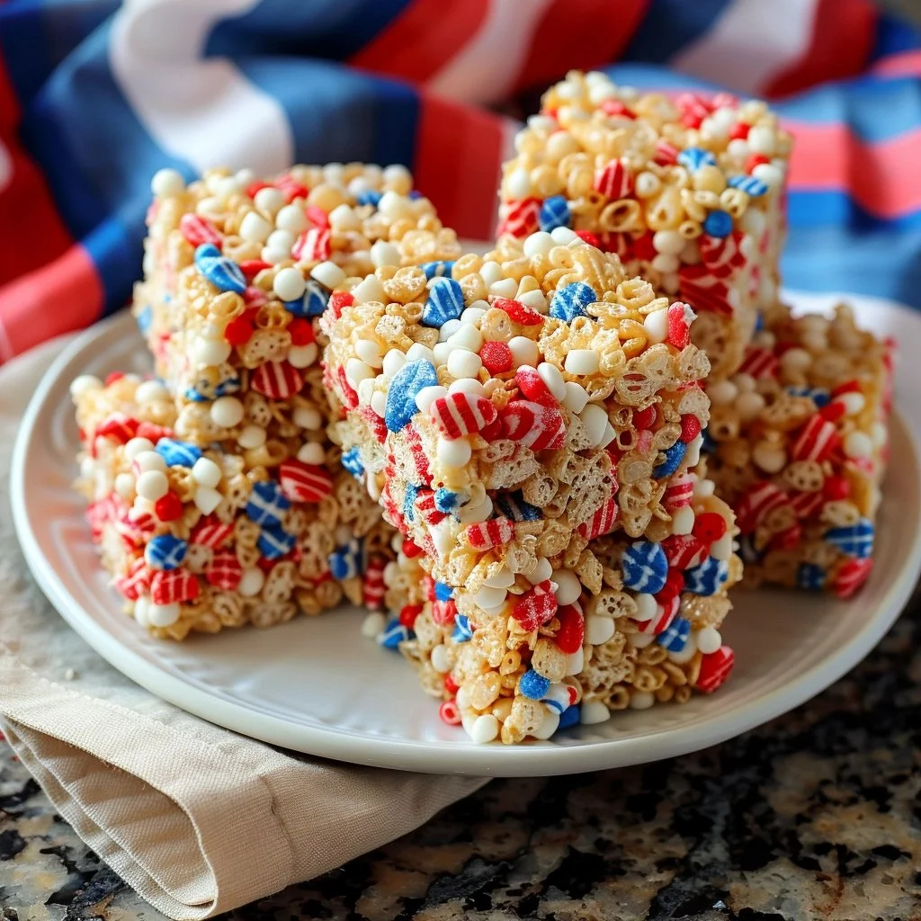 A vibrant plate of Explosive Firecracker Rice Krispies bursting with color and flavor.