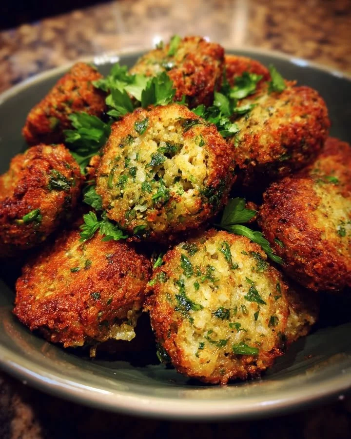 Plate of crispy falafel served with fresh vegetables and tahini sauce.