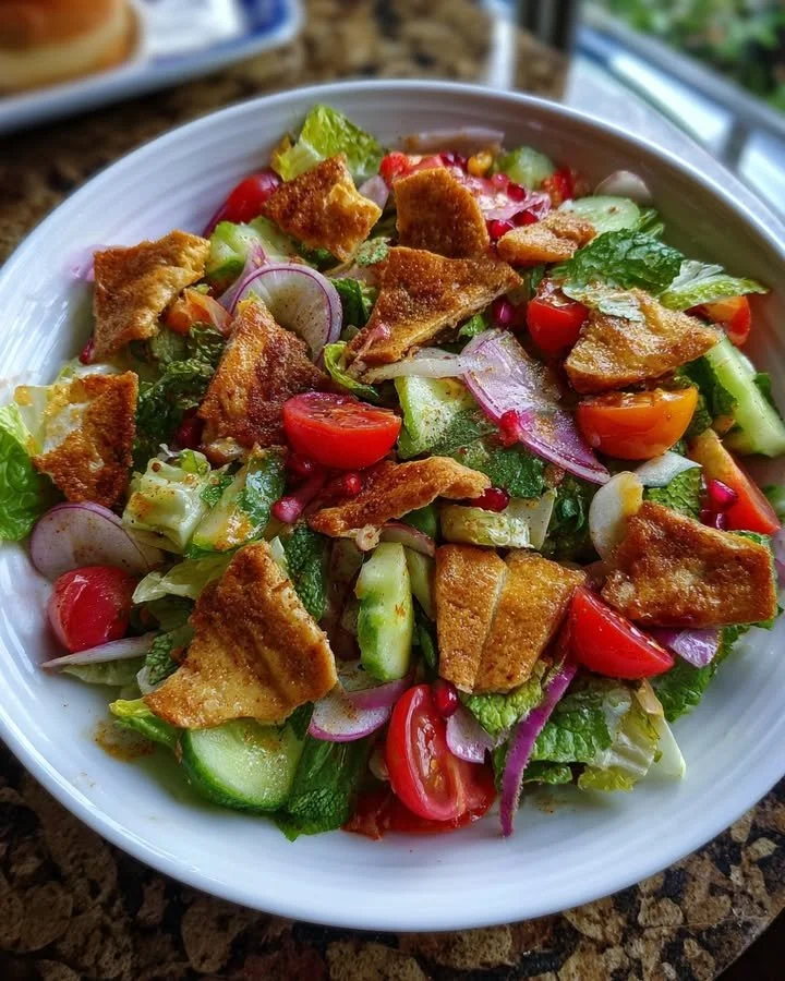A vibrant bowl of Fattoush, a traditional Lebanese salad with colorful vegetables and crispy pita