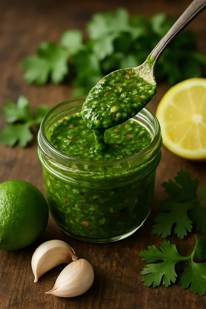 Bowl of fermented cilantro chimichurri on a wooden table with fresh herbs.
