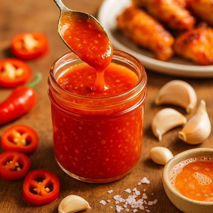 Bottle of homemade fermented Fresno garlic sauce with fresh garlic cloves