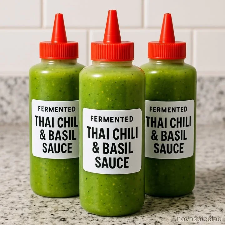 Fermented Green Thai Chili & Basil Sauce bottle with fresh chilies and basil