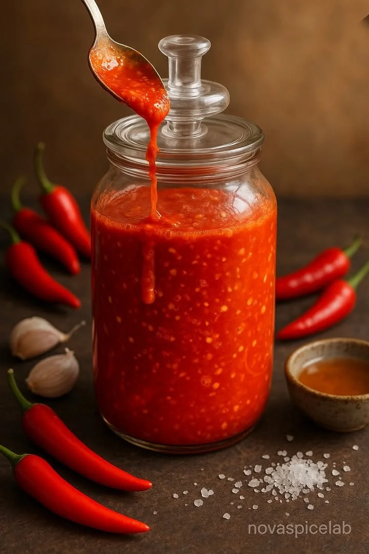Homemade fermented hot sauce bottles on a kitchen countertop