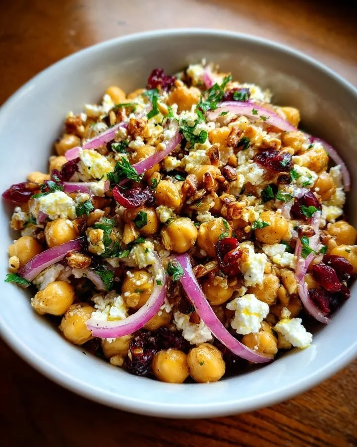 Feta and cranberry chickpeas drizzled with lemon vinaigrette