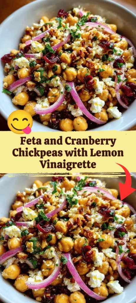 Feta and cranberry chickpeas salad drizzled with lemon vinaigrette