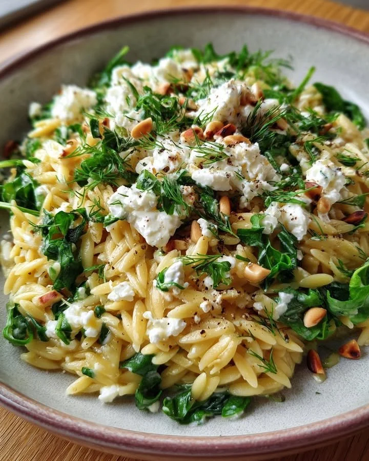 Feta Arugula Orzo dish with Greek yogurt and dill served in a bowl
