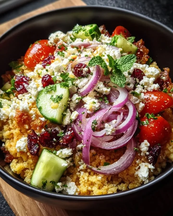 Feta and cranberry Bulgur Wheat Salad with lemon vinaigrette in a bowl
