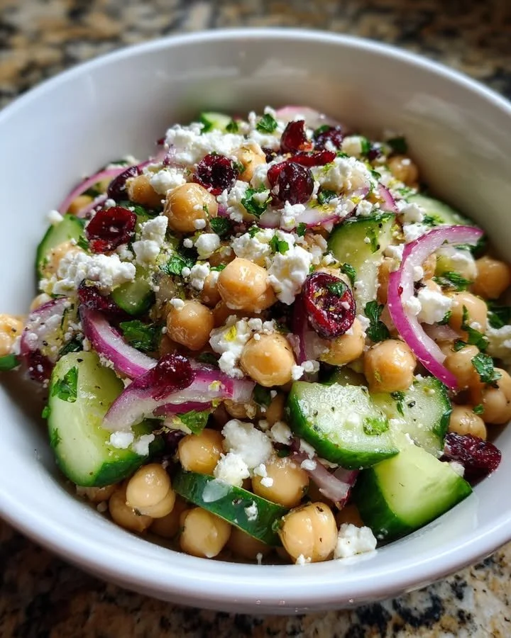 Feta chickpeas salad with cranberries and lemon vinaigrette in a bowl.