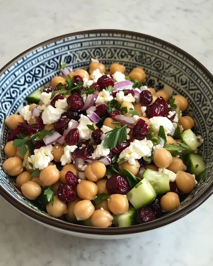 Feta and cranberry chickpeas salad with lemon vinaigrette dressing