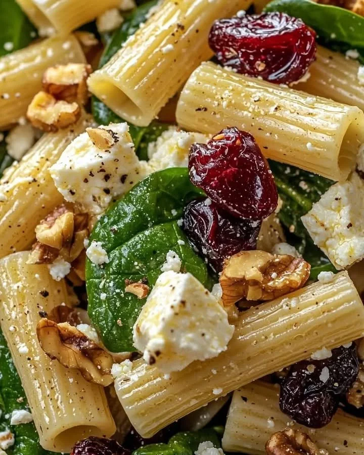 Feta and cranberry rigatoni salad drizzled with lemon vinaigrette