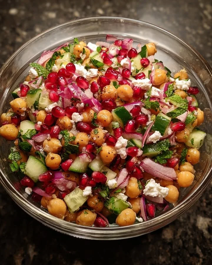 Feta & Pomegranate Chickpea Salad with Mint-Lemon Dressing served in a bowl.