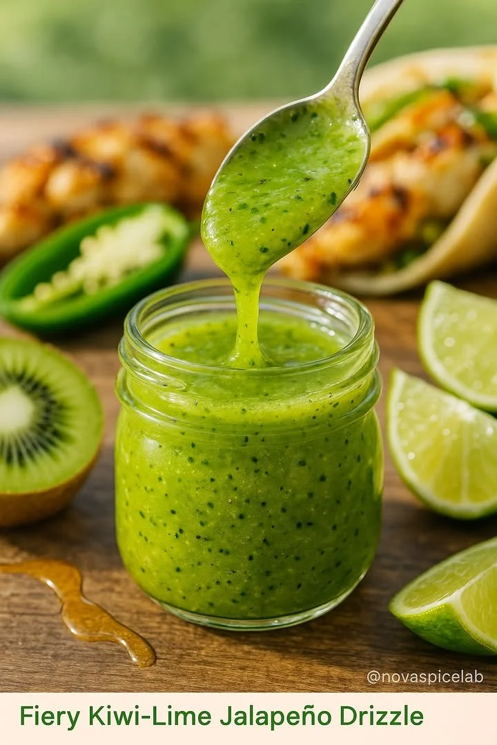 Fiery kiwi-lime jalapeño drizzle for adding spice and flavor to dishes