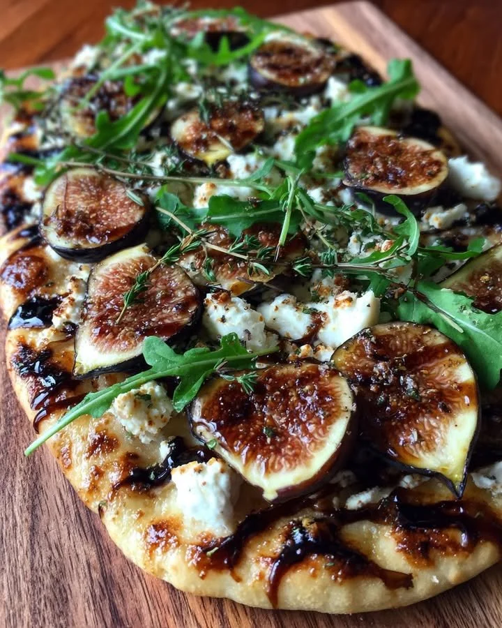 Fig Goat Cheese Flatbread topped with thyme and honey balsamic glaze